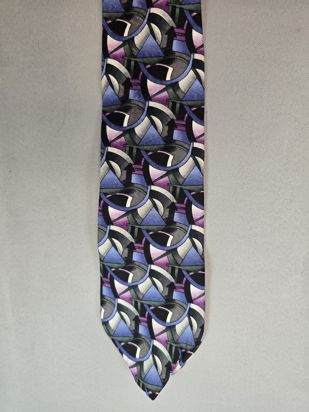 J. Garcia Silk Tie in Purple, Blue and Black Geometric Pattern